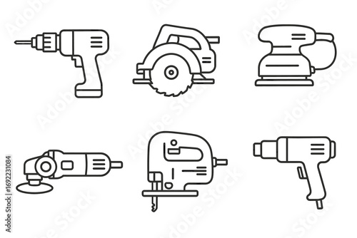 Collection of outline power tools: drill, saw, sander, grinder, jigsaw