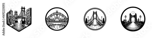Collection of four monochrome bridge logo designs in a classic woodcut style featuring cityscapes, rivers, and architectural details