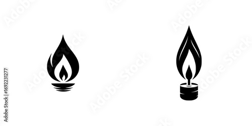 Set of black flame icons for gas burner and candle light symbol for energy and fuel industry isolated on white background