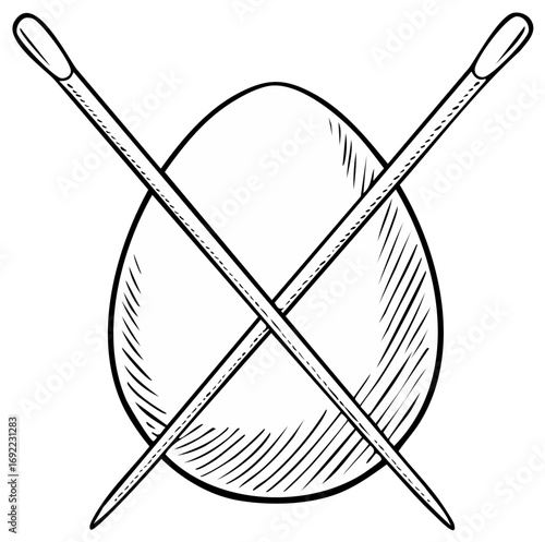 Knitting needles crossed over an egg emblem in a hand drawn line art illustration style