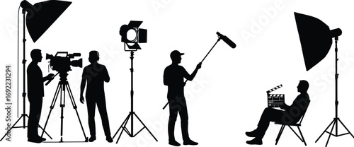 Black silhouette film production crew vector illustration, movie set setup, lighting camera director, microphone operator, film industry design, professional filmmaking icons