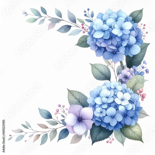 Delicate Hydrangea Floral Border: A serene watercolor border features elegant blue hydrangea blooms with soft green foliage, embodying a sense of tranquility and floral beauty.