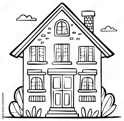 Hand-drawn outline illustration of a house with a chimney and clouds