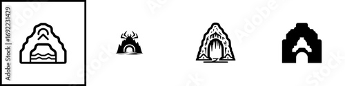 Set of black and white cave entrance icons for fantasy games or adventure themes, including minimalist symbols of a dungeon lair, spider den, and rocky cavern gate