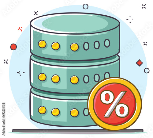 Database server with a red and yellow percentage sign icon cartoon illustration for discount or sale concept
