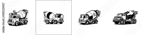 Set of four black and white cement mixer trucks for construction industry logos and heavy machinery emblems