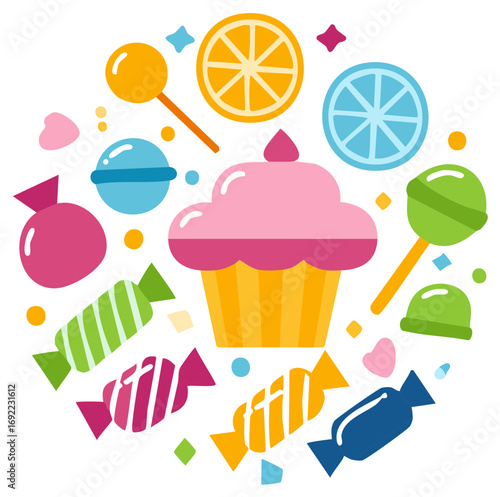Sweet treat vector illustration with cupcake, hard candy, fruit candy, and lollipops