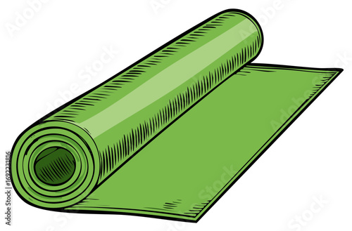 Green yoga mat rolled and unrolled. Line art illustration in cartoon style