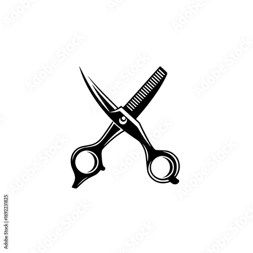 Professional hairdressing scissors and thinning shears icon. Black silhouette of a barber shop or hair salon tool for stylists