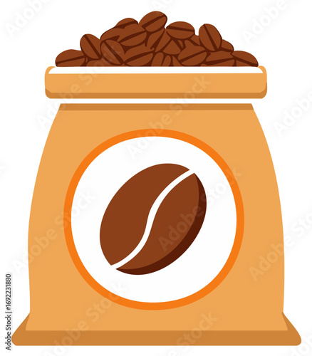 Illustration of a Filled Bag of Coffee Beans with Label Depicting a Coffee Bean Design