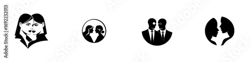 Set of minimalist black and white icons showing pairs of people in silhouette for logos and emblems representing duality and relationships