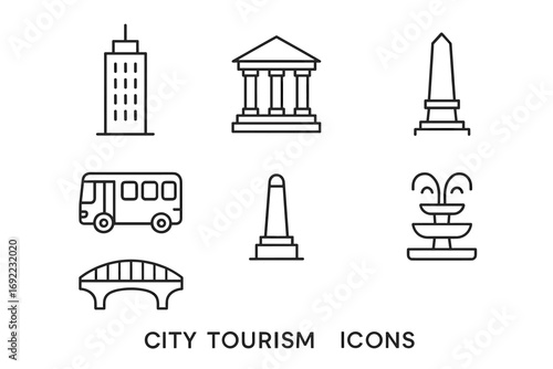 City tourism icons: buildings, transport, and monuments in linear design