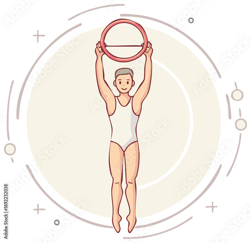 Gymnast Performing Exercise with Ring Man in Leotard Jumps Holding Hoop High in Rhythmic Gymnastics Performance