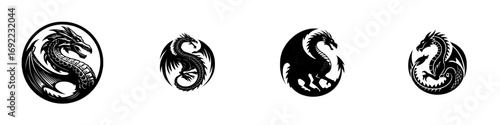 Set of four black dragon logo icons in a circular shape for emblems or tattoos, featuring mythical creature silhouette designs