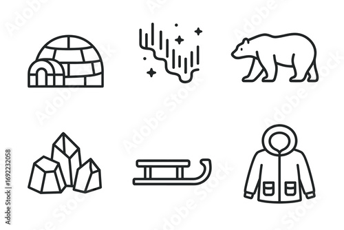 Winter icons: igloo, aurora, polar bear, crystals, sled, coat