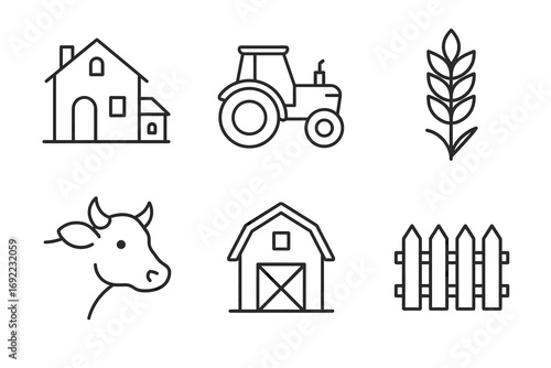 Minimalist farm icons: house, tractor, wheat, cow, barn, fence