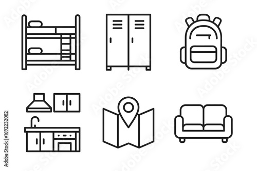 Minimalist line icons: bunk bed, locker, backpack, kitchen, map, couch