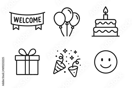 Celebration icons: welcome banner, balloons, cake, gift, confetti, and smiley face