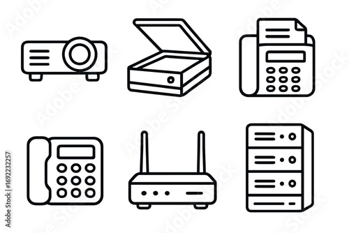 Black and white icon set of office electronics: projector, scanner, fax, phone, router, server