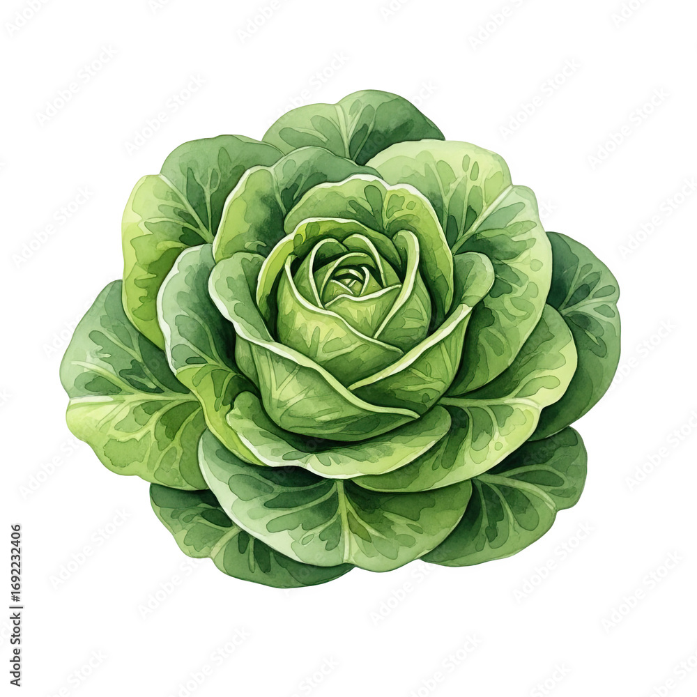 Fototapeta premium A detailed watercolor illustration of a fresh green cabbage head with layered leaves isolated on transparent background