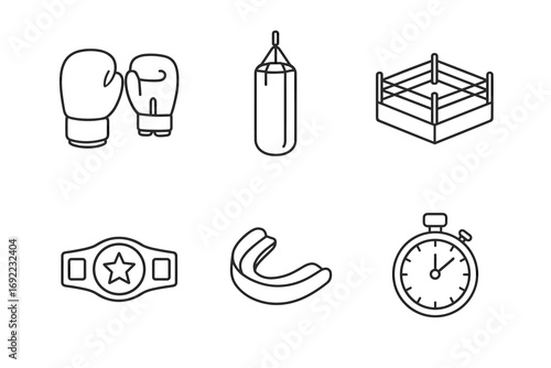 Boxing equipment and ring line icons set