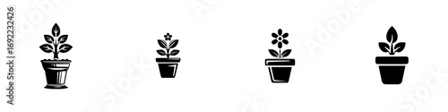 Set of four potted plant icons in black silhouette style for gardening, nature, and houseplant concepts isolated on a white background