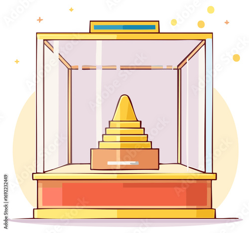 Priceless golden historical artifact protected in a glass display case at a museum exhibition