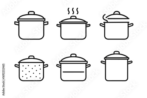 Black and white icon set of cooking pots with lids and handles
