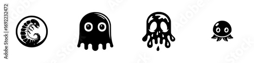 Minimalist black and white creature icons featuring a ghost, slime monster, octopus, and shrimp emblem for graphic design