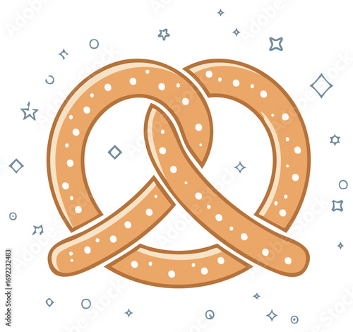 Golden Baked Pretzel with Salt Sprinkles and Cute Decorative Background Elements Illustration