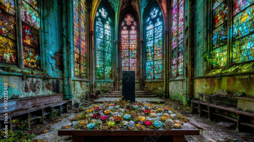 An ancient cathedral in ruins, overtaken by nature and filled with unsettling relics, where eerie stained-glass windows cast a ghostly glow. A dark ritualistic circle surrounds a pulsating black obeli