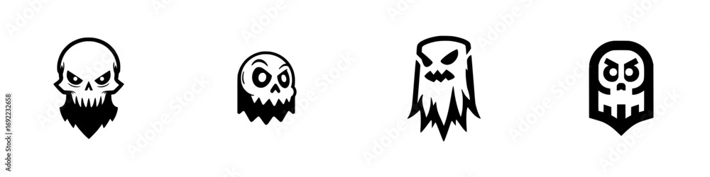 Fototapeta premium Set of four black and white stylized skull and ghost icons for logos, emblems, or Halloween decorations isolated on a white background