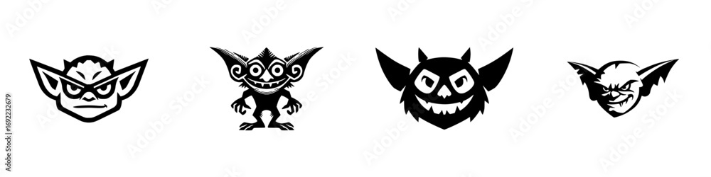 Obraz premium Collection of four stylized goblin and gremlin character mascots with angry and mischievous faces for gaming or team logos