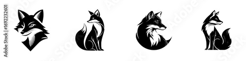 Collection of stylized black and white fox logo icons in different poses for branding and design, isolated on a white background