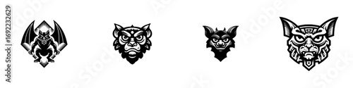 Set of four black and white monster heads including a gargoyle, demon, and mythical beast for logos or emblems