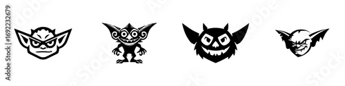 Collection of four stylized goblin and gremlin character mascots with angry and mischievous faces for gaming or team logos