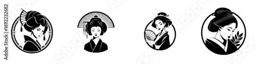 Set of four black and white minimalist icons featuring portraits of Japanese geisha women with traditional hairstyles and kimonos