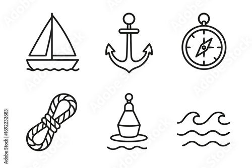 Simple nautical icon set: sailboat, anchor, compass, rope, buoy, waves