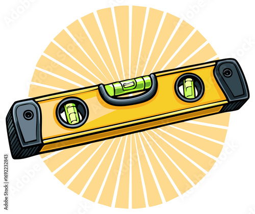 Cartoon illustration of a spirit level with a yellow construction theme.