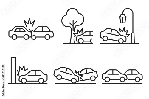 Vector car crash icons in various traffic accident scenarios