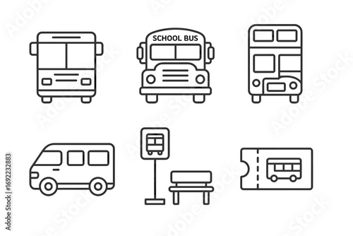 Bus icons set: school bus, double decker, ticket, and more
