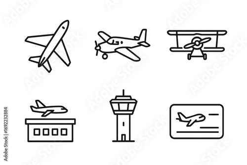 Aviation icons: airplanes, control tower, ticket – black and white line art