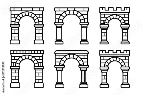 Set of ancient stone arches with columns and brick patterns in black and white illustration
