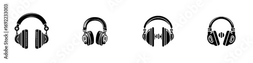 Collection of various headphone glyph icons in a simple black silhouette style for music and audio equipment