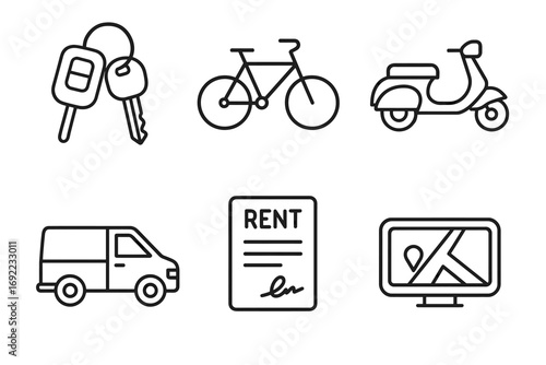 Transportation rental options: car keys, bicycle, scooter, van, rent agreement, gps icon