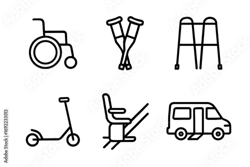 Accessibility aids: wheelchair, crutches, walker, scooter, stairlift, accessible van icons