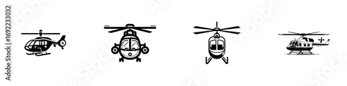 Set of four black helicopter icons showing different models and views including front and side profiles for aviation and transport design