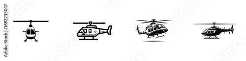 A set of four black and white helicopter icons showing different views for aviation and transportation design
