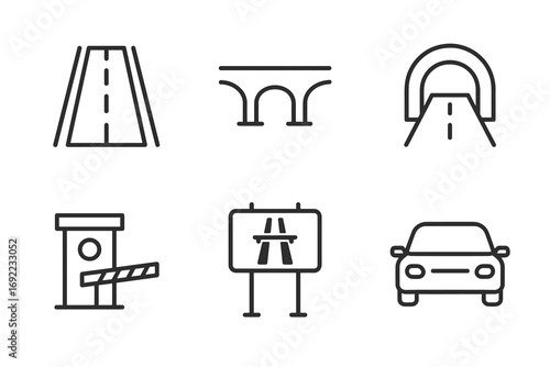 Simple line icons of roads, bridges, tunnels, toll booths, signs, and cars