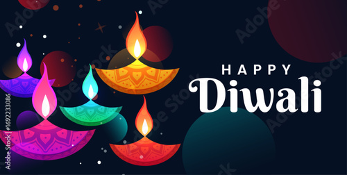 Happy Diwali Poster with Diya Lamp Vector Illustration. Indian festival of lights Design. Suitable for Greeting Card, Banner, Flyer, Template.